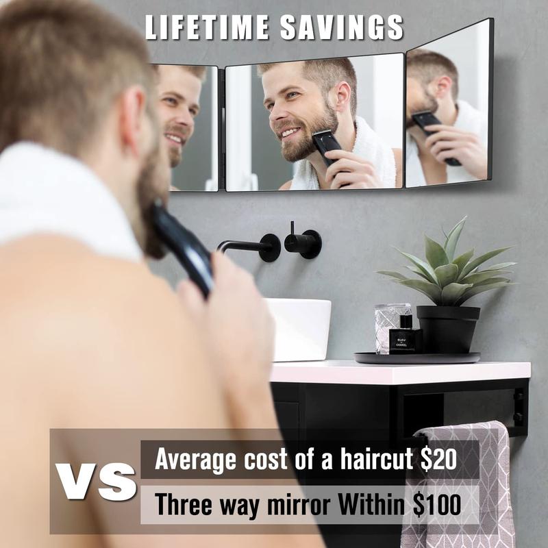 3 Way Mirror for Hair Cutting, Tri-fold Mirror for Shaver and Makeup, Height Adjustable with Two Hold Nails Self Haircut Mirror can as a Gift for Men or Women