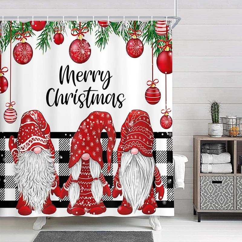 Christmas Shower Curtain, Winter Farmhouse Cute Gnome Fabric Shower Curtain Set with Hooks, Red Xmas Ball with Snowflake on Black and White Buffalo Check Plaid Cloth Bathroom Accessories Decor,71X71in