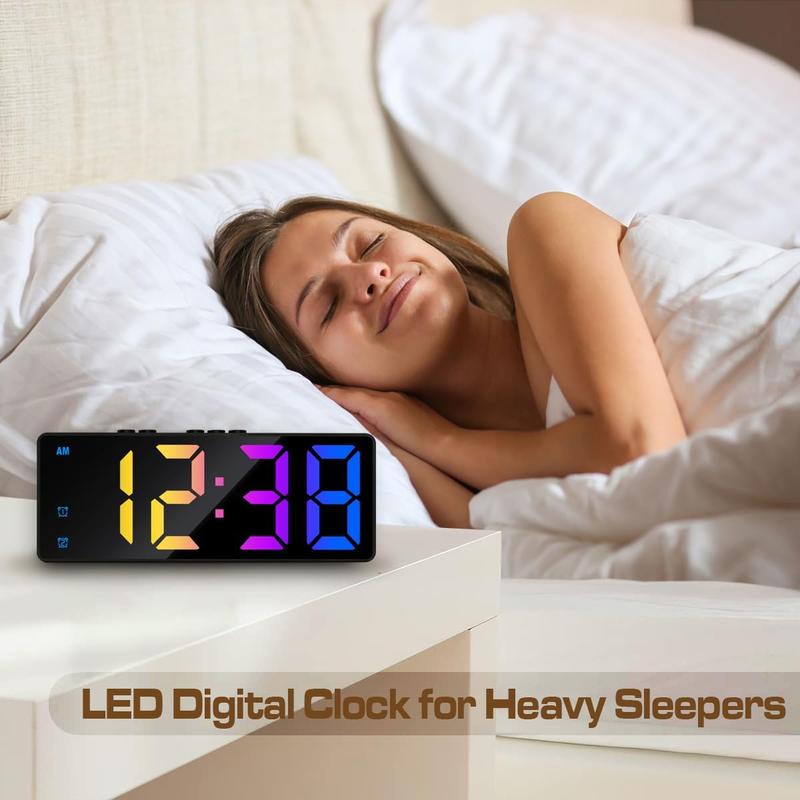 Digital  Clock, Mirror Surface Colorful LED  Clocks Large Display, Adjustable Brightness, Voice Control, Dual Power Supply, Snooze Model for Bedroom, Office, Black Case