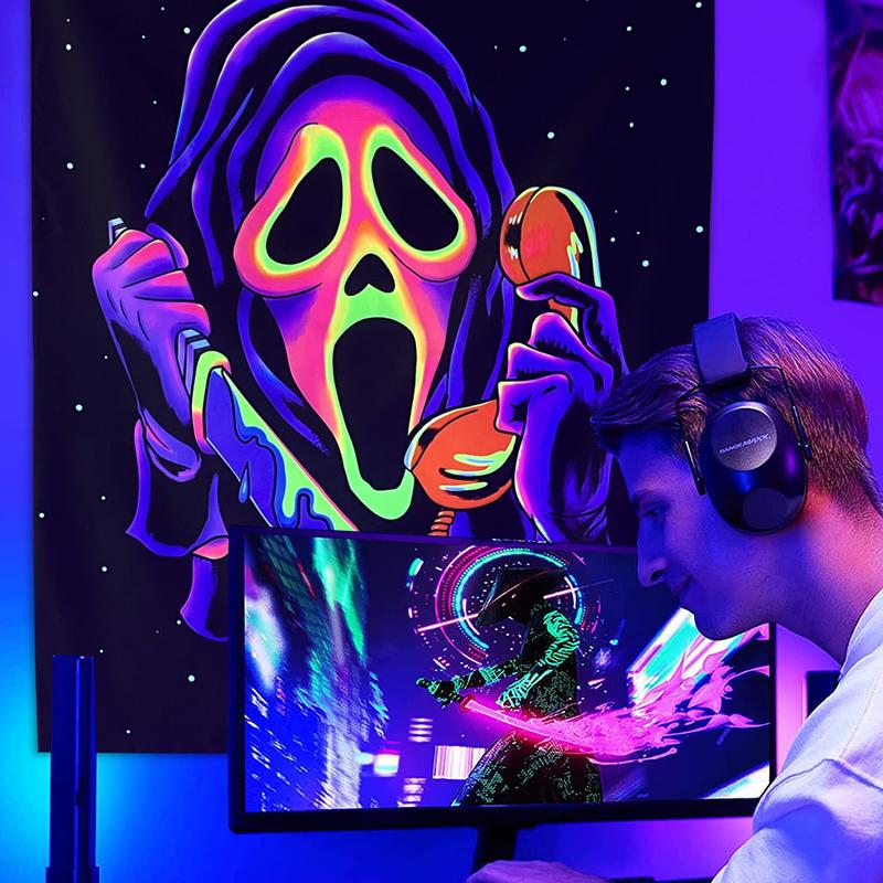 Blacklight Horror Face Tapestry, UV Reactive Tapestries Wall Hanging, Glow in The Dark Party Backdrop Tapestry for Bedroom, Living Room