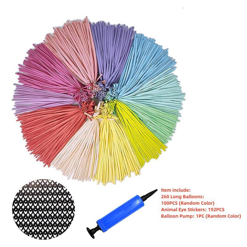 Random Color Balloon Set, Including 100pcs Long Balloon & 192pcs Animal Eye Pattern Sticker & 1 Count Random Color Hand Pump, Twisting Balloon for DIY Balloon Modelling, Party Decor Supplies