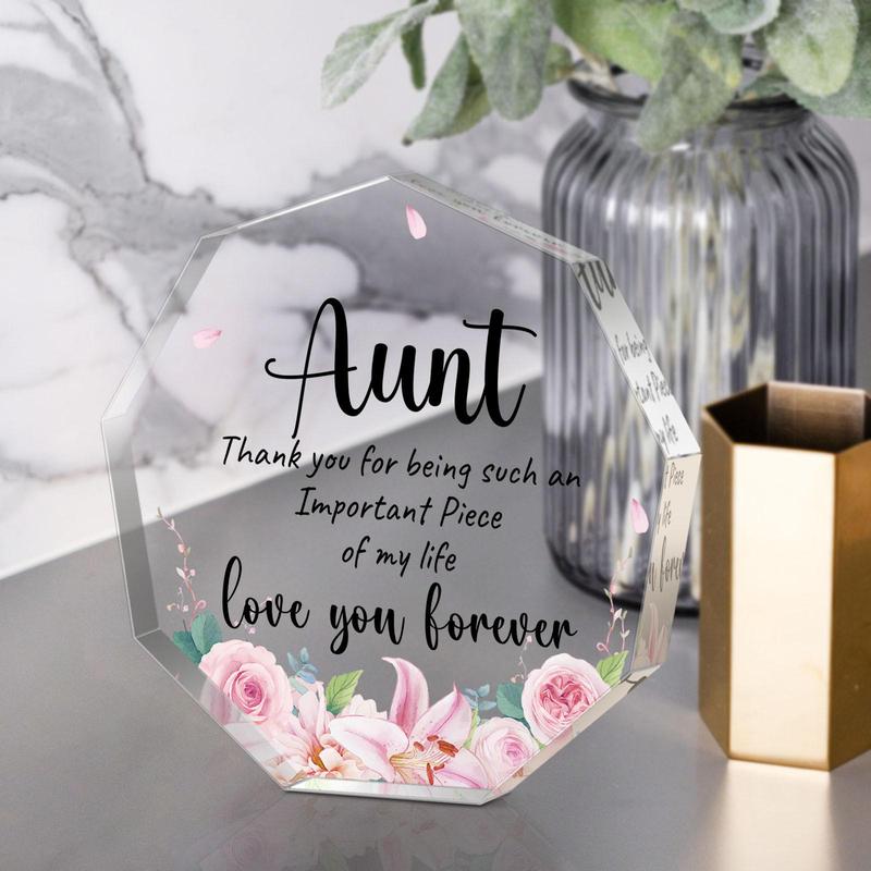 Acrylic Plaque, 1 Count Flower Pattern & Aunt Letter Acrylic Ornament, Creative Birthday Gift for Aunt Thanksgiving Home Decor