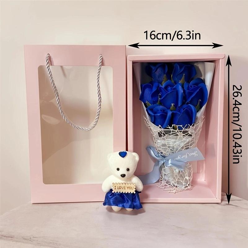 Artificial Rose Bouquet with Bear Gift Box Set, 1 Set Faux Flower Bouquet with Bear Toy and Gift Box and Gift Bag, Summer Gift for Party Gifts for Wedding Anniversary Party, Graduation Gift, Birthday Gift, Room Decor