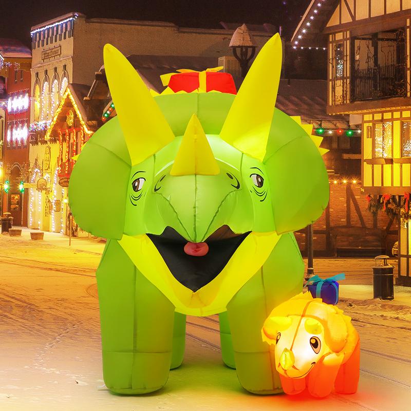 GOOSH 7.5 FT Length Christmas Inflatables Green Triceratops Dinosaur with Baby Dino Carry Gift Box, Blow Up Yard Decorations with Built-in LED Lights for Garden Lawn Outdoor Yard Xmas Winter Holiday  Ornaments