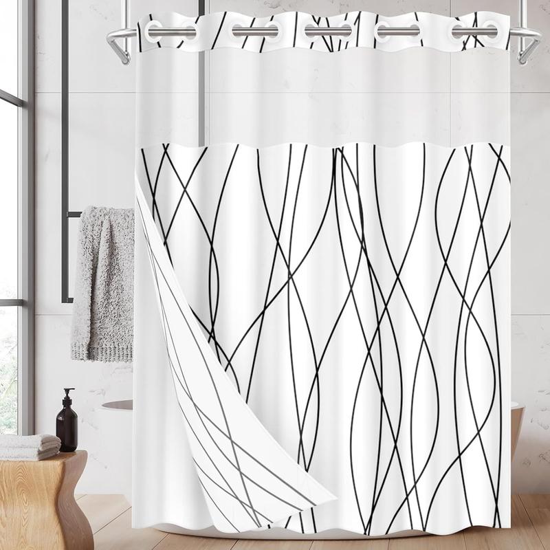 No Hook Black and White Striped Shower Curtain with Snap in Fabric Liner Set, Double Layers Waterproof Fabric with See Through Top Window Open Grommet Bath Curtain 71x74 Inch Door