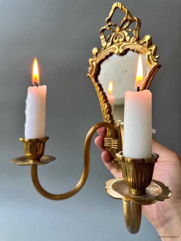 Vintage brass wall sconce with mirror   two-arm candlestick holder   ornate home decor   wall display   taper candle holder   bow detail