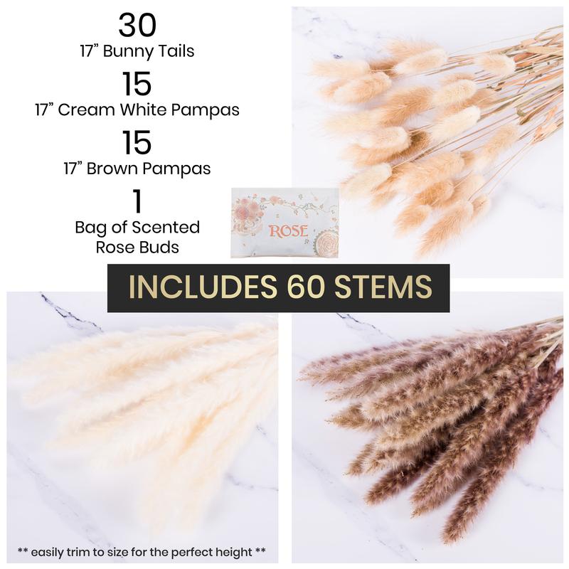 AYDI 60 Pcs Pampas Grass Decor, 15Pcs Natural Brown, 15Pcs White Pampas and 30Pcs Bunny Tails with BONUS 1 Scented Rose Buds for Dining Room, Lounge, Bedroom, Living Room, Party, Patio, Wedding Decor, Special Events Decorative Plants fruit plant Ornaments