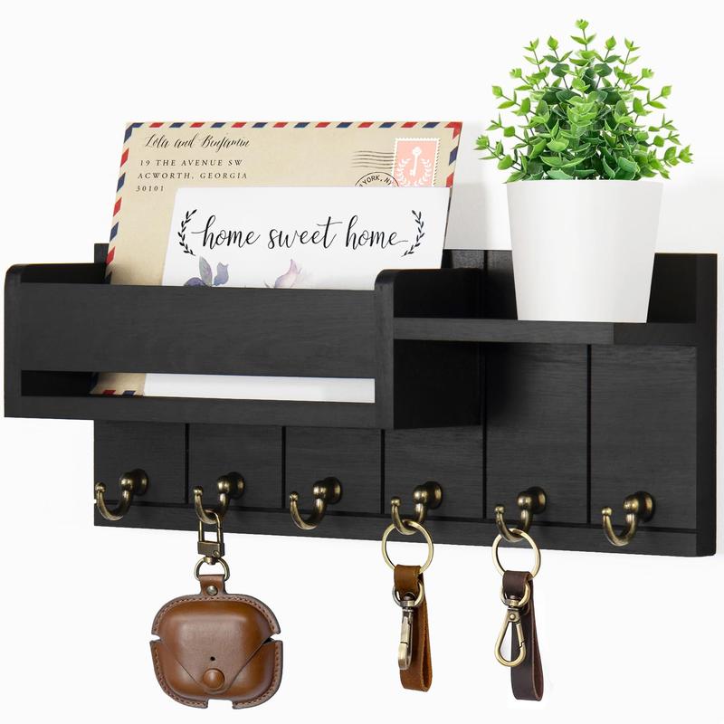 Wall Mounted Key Holder, 1 Count Wooden Wall Shelf with 6 Key Hooks, Mail Sorter, Home Organizer for Living Room Entrance