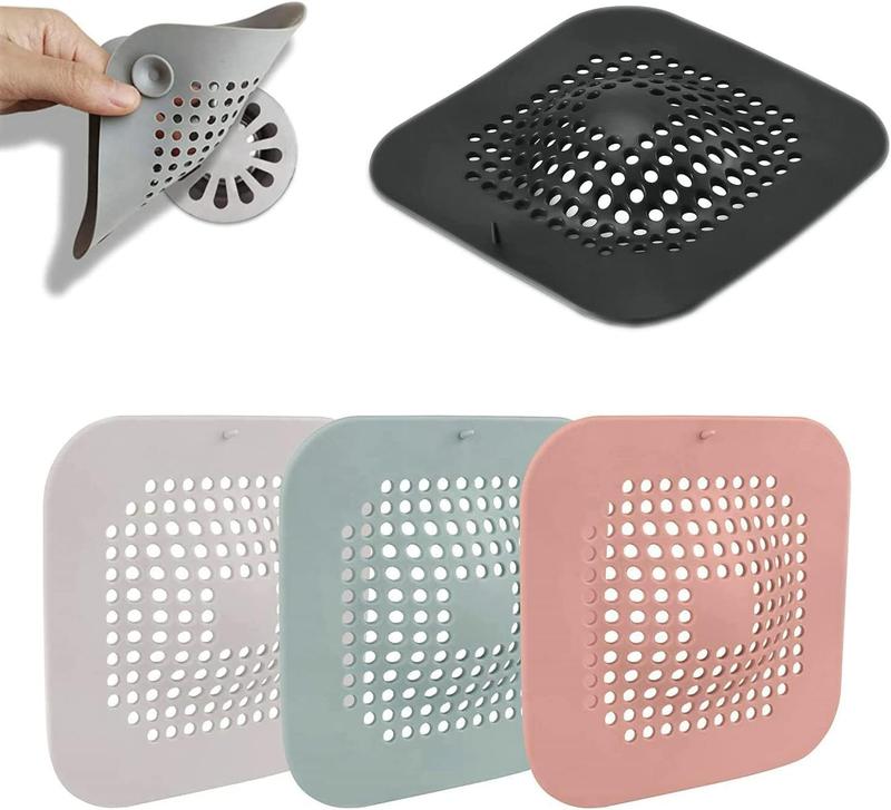 4 PCS Raised Square Shower Drain Covers with Suction Cup, Silicone Drain Hair Catcher Hair Stopper Drain Cover for Bathroom Bathtub Kitchen (Multicolor)