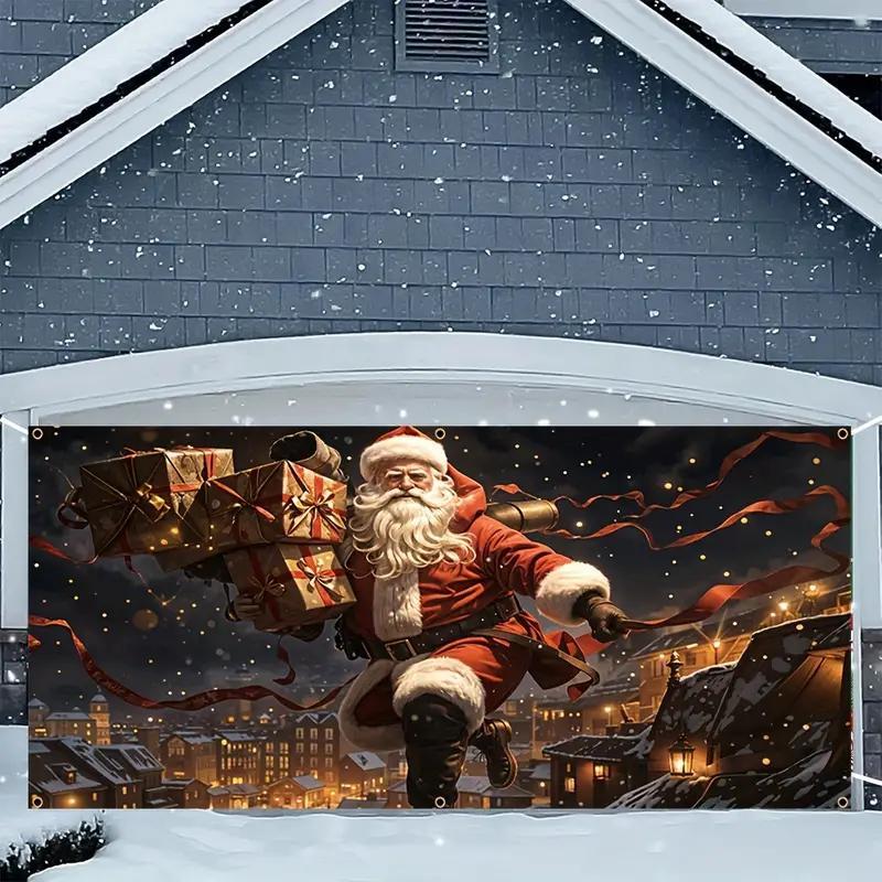 Christmas Themed Garage Door Cover, 1 Count Santa Claus Pattern Garage Door Banner, Outdoor Holiday Decoration for Home, Party, Festival