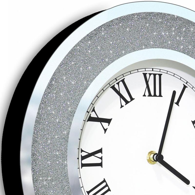 Silver Round Mirror Clock 12 inch. Glam Sparkle Twinkle Shining Mirrored Wall Clock for Wall Decoration