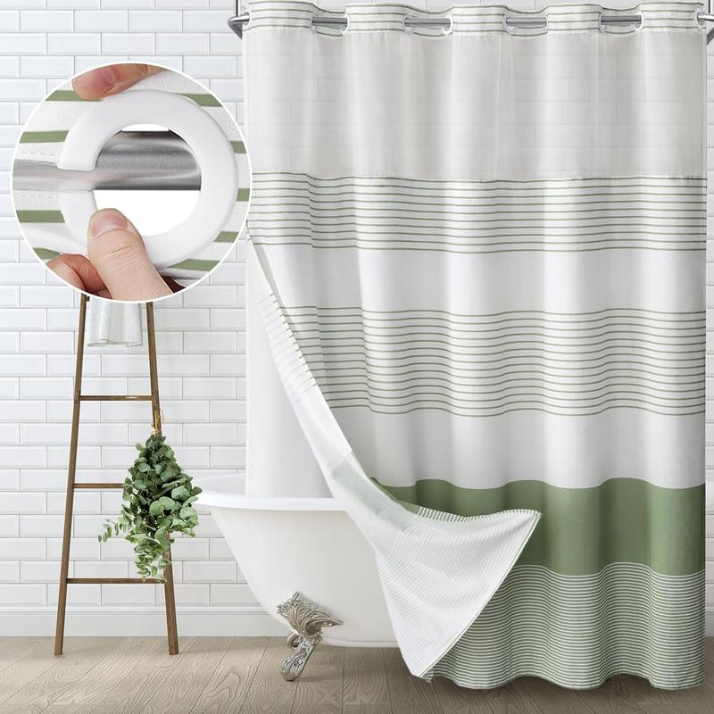 No Hook Shower Curtain with Snap in Liner Set Cotton and Linen Blend Shower Curtain for Bathroom Boho Gray Striped Light Waterproof