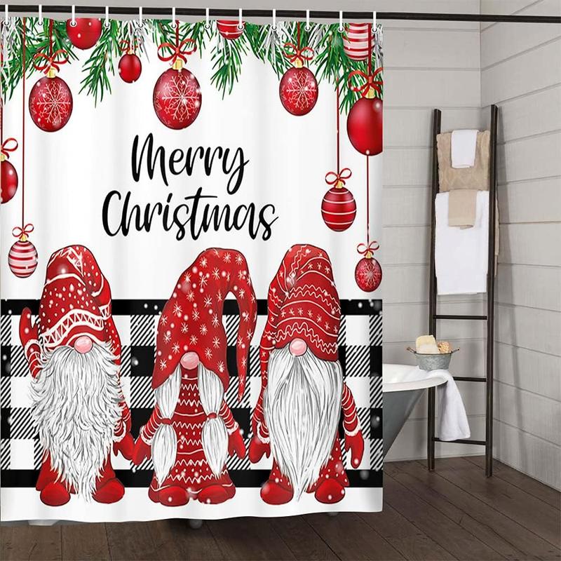 Christmas Shower Curtain, Winter Farmhouse Cute Gnome Fabric Shower Curtain Set with Hooks, Red Xmas Ball with Snowflake on Black and White Buffalo Check Plaid Cloth Bathroom Accessories Decor,71X71in