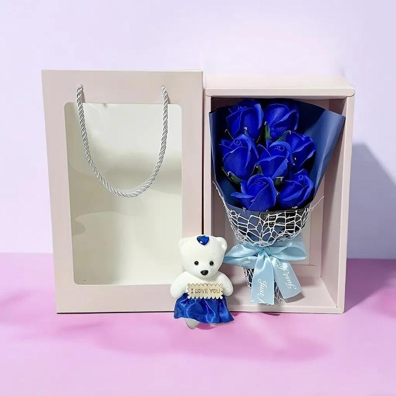 Artificial Rose Bouquet with Bear Gift Box Set, 1 Set Faux Flower Bouquet with Bear Toy and Gift Box and Gift Bag, Summer Gift for Party Gifts for Wedding Anniversary Party, Graduation Gift, Birthday Gift, Room Decor