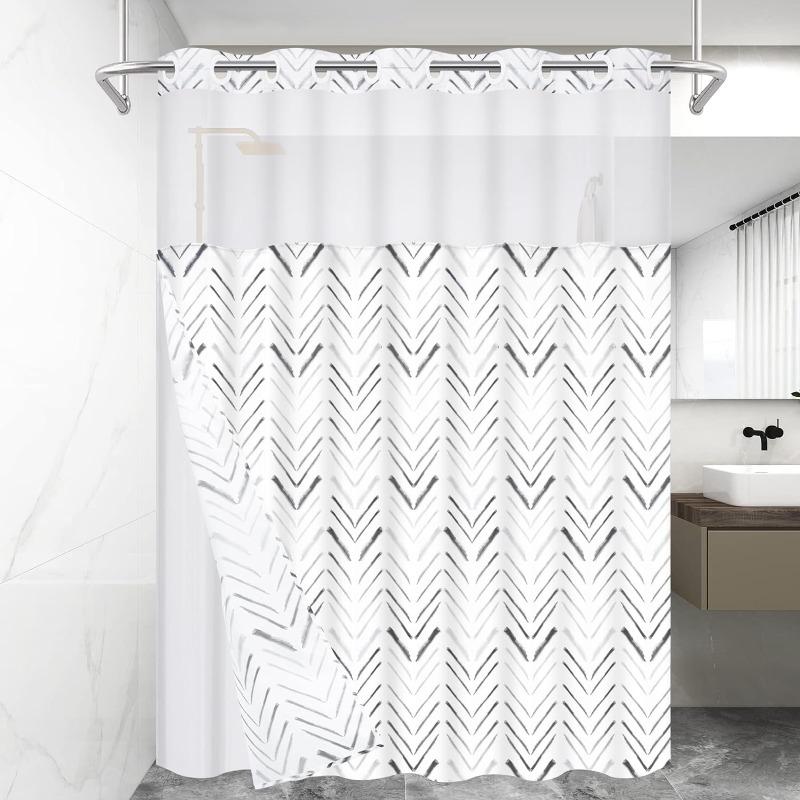 No Hook Shower Curtain with Snap in Liner , Herringbone Hotel Shower Curtain and Liner Set, Modern Shower Curtain Set with Liner, Double Layer, Washable Waterproof