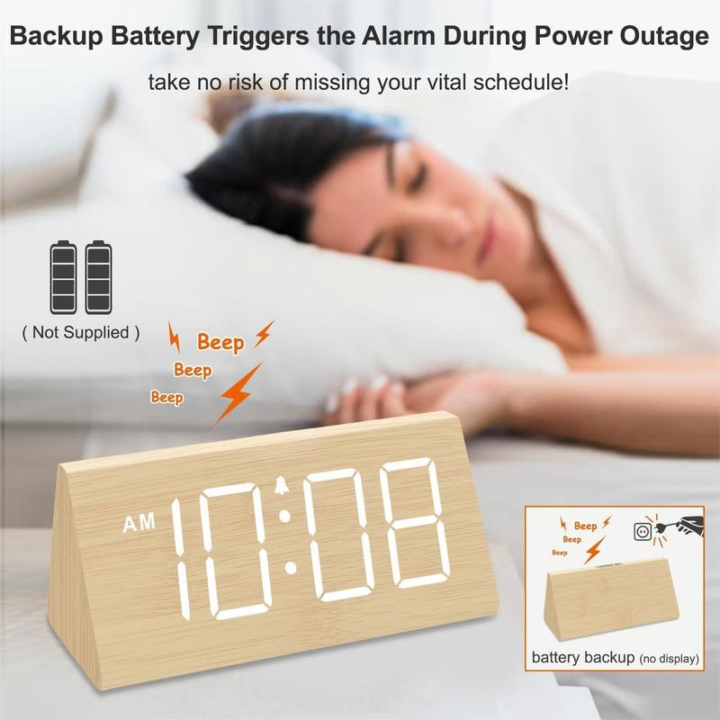 Wooden Digital Alarm Clock for Bedroom - Electric Desk Clock with Large Numbers, USB Port, Battery Backup Alarm, Adjustable Volume, Dimmer, Snooze, DST, 12 24 Hours, Wood Decor (Bamboo White)