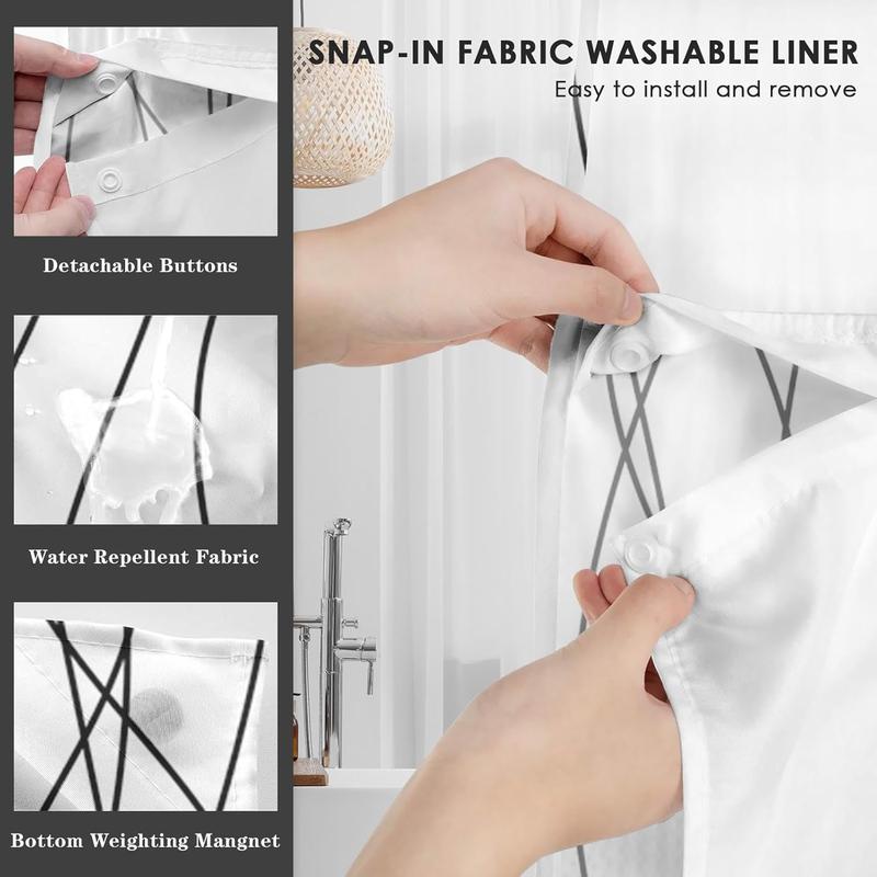 No Hook Black and White Striped Shower Curtain with Snap in Fabric Liner Set, Double Layers Waterproof Fabric with See Through Top Window Open Grommet Bath Curtain 71x74 Inch Door