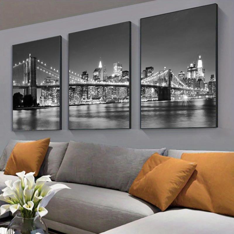 City Night Bridge Pattern Canvas Poster without Frame, 3 Counts set Architecture Themed Wall Art, Wall Decor for Home Living Room Bedroom Office