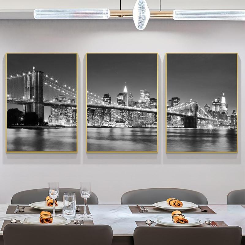 City Night Bridge Pattern Canvas Poster without Frame, 3 Counts set Architecture Themed Wall Art, Wall Decor for Home Living Room Bedroom Office