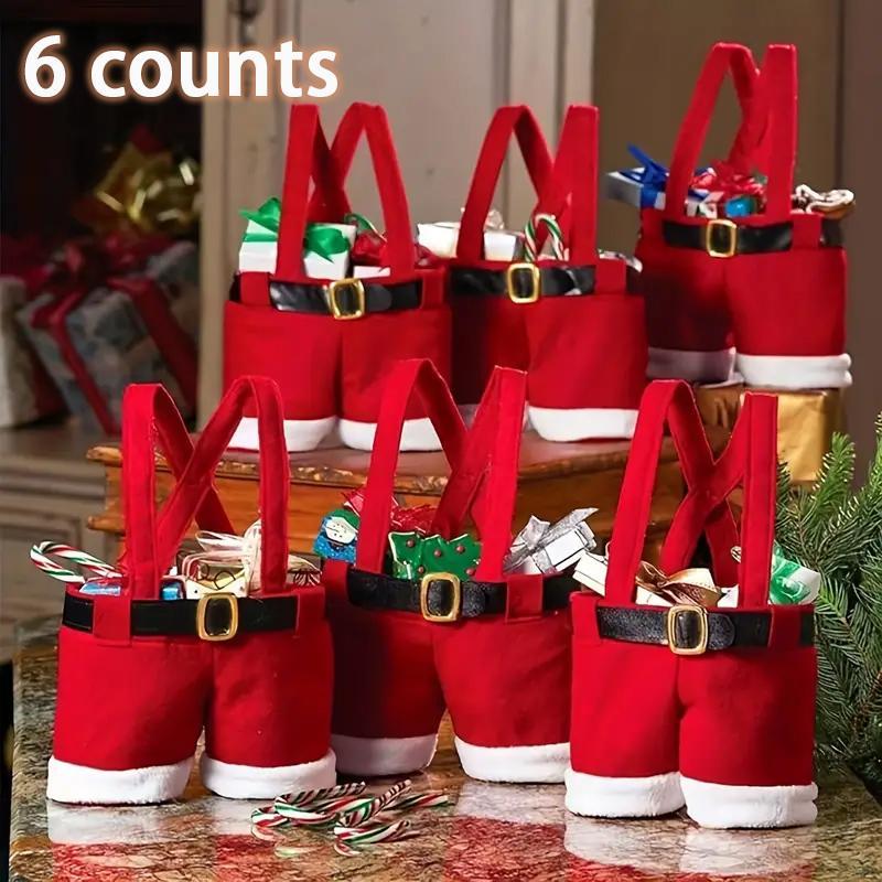 Festive Christmas Candy Bags, 6 Counts Santa Pants Style Big Size Polyester Candy Bag, Perfect for New Year and Christmas Gifts