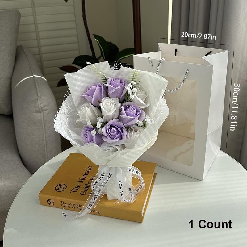 Artificial Rose  Flowers  Bouquet with Gift Bag, 1 Count Romantic Faux Rose Flower Bouquet, Decorative Flower Bouquet for Home Party Wedding Anniversary Festival