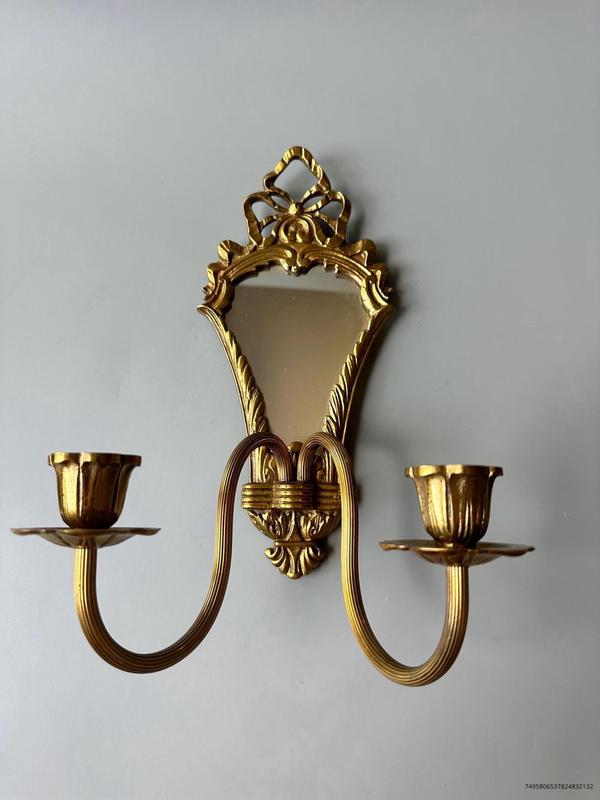 Vintage brass wall sconce with mirror   two-arm candlestick holder   ornate home decor   wall display   taper candle holder   bow detail