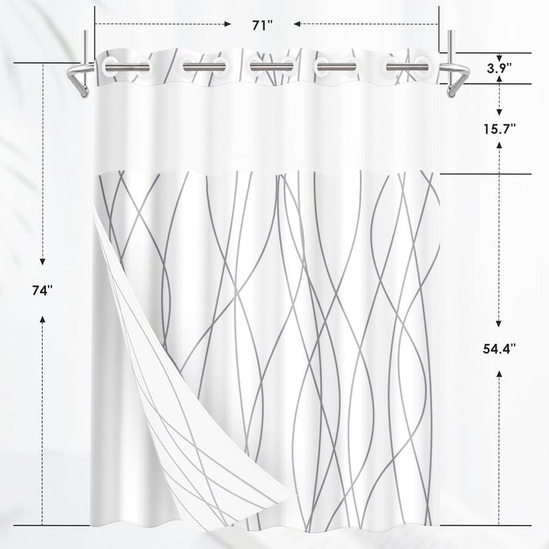 No Hook Black and White Striped Shower Curtain with Snap in Fabric Liner Set, Double Layers Waterproof Fabric with See Through Top Window Open Grommet Bath Curtain 71x74 Inch Door