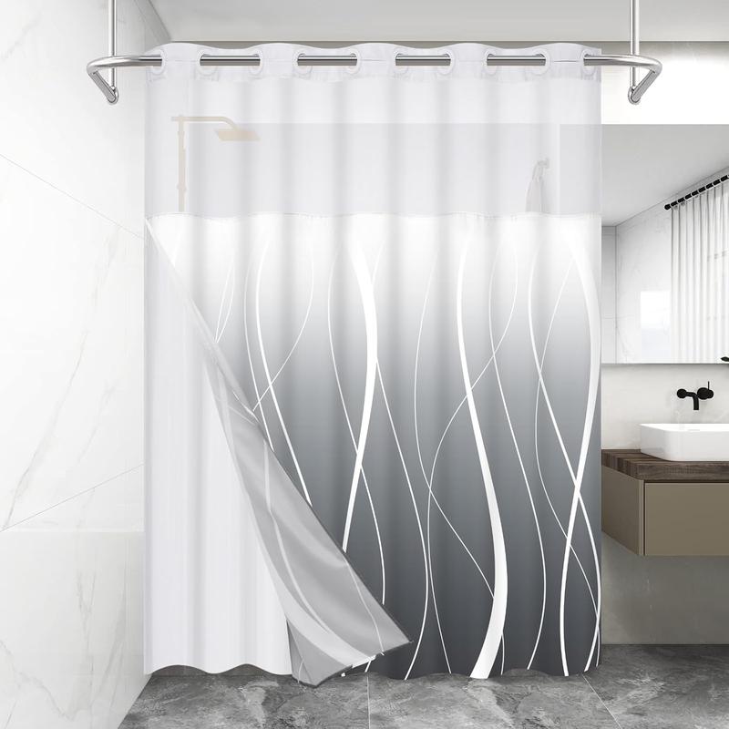 No Hook Shower Curtain with Snap in Liner, Modern Striped Hotel Shower Curtain and Liner Set, Ombre See Through Shower Curtain with Window, Double Layer, Washable