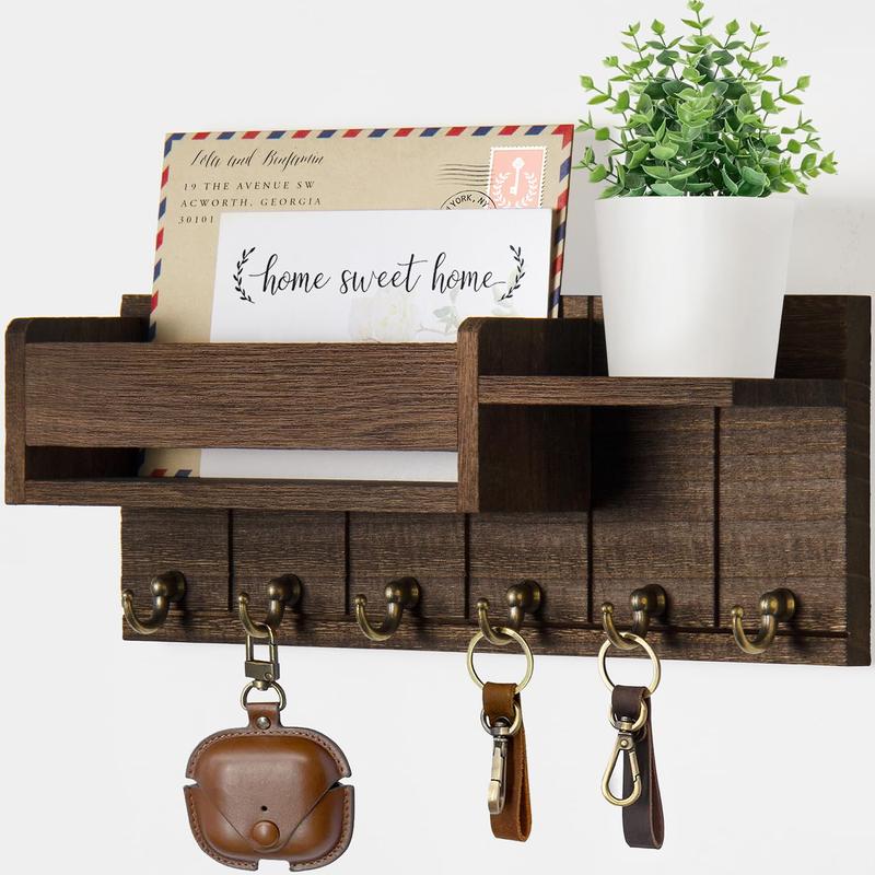 Wall Mounted Key Holder, 1 Count Wooden Wall Shelf with 6 Key Hooks, Mail Sorter, Home Organizer for Living Room Entrance