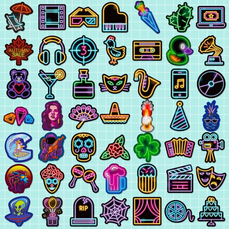 50pcs Colorful Neon Cartoon Pattern Sticker Set, Waterproof DIY Decoration For Scrapbooking, Crafts And Kids Room Wall Decor