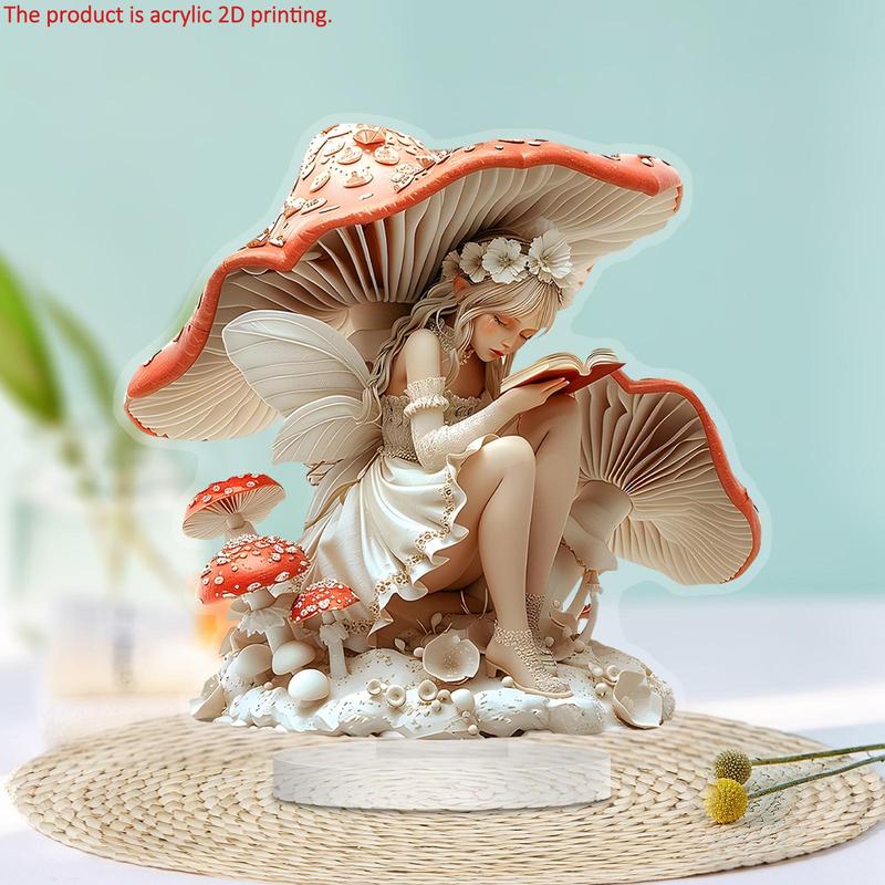 Fairy Reading Under Mushroom Design Desktop Decoration, 1 Count 2D High Definition Printing Art Plaque, Home Decor for Living Room, Bedroom, Office