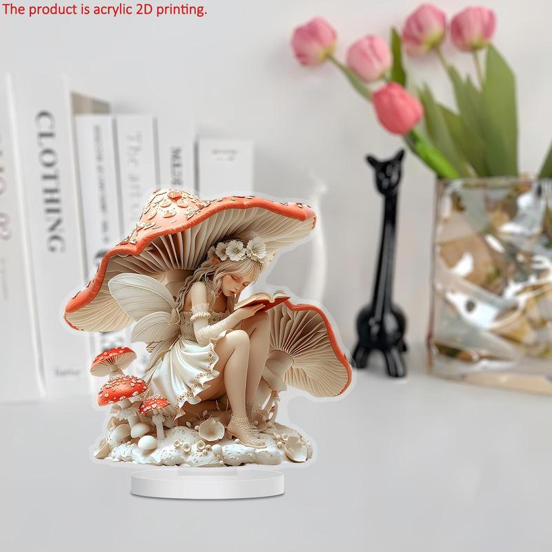 Fairy Reading Under Mushroom Design Desktop Decoration, 1 Count 2D High Definition Printing Art Plaque, Home Decor for Living Room, Bedroom, Office