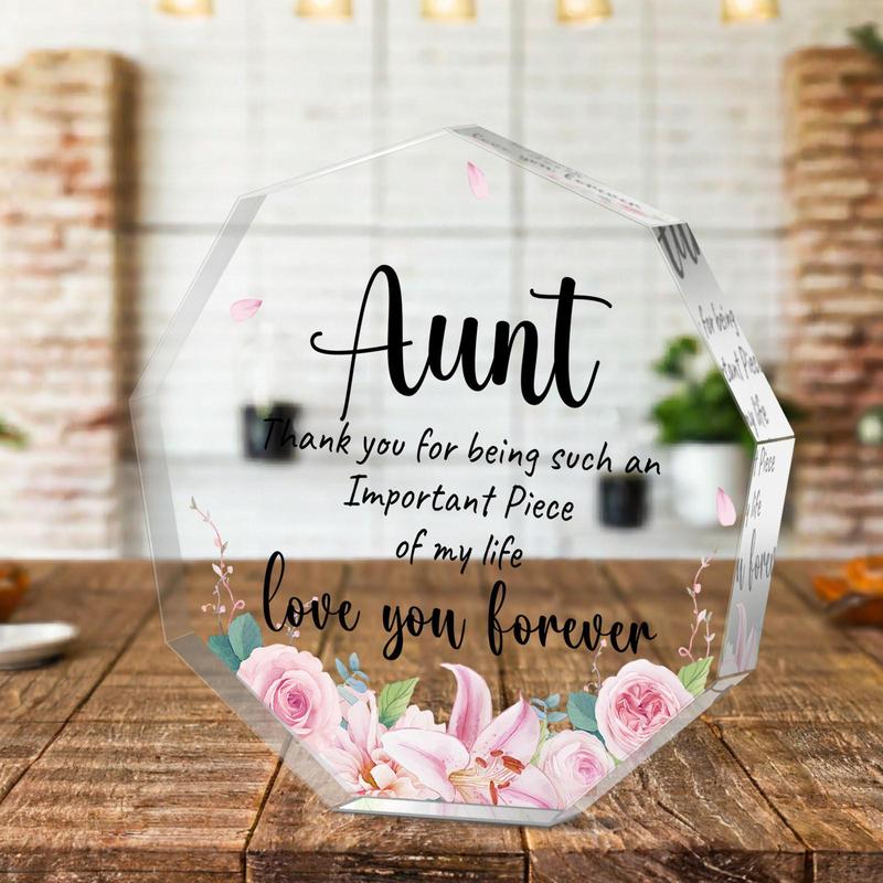 Acrylic Plaque, 1 Count Flower Pattern & Aunt Letter Acrylic Ornament, Creative Birthday Gift for Aunt Thanksgiving Home Decor