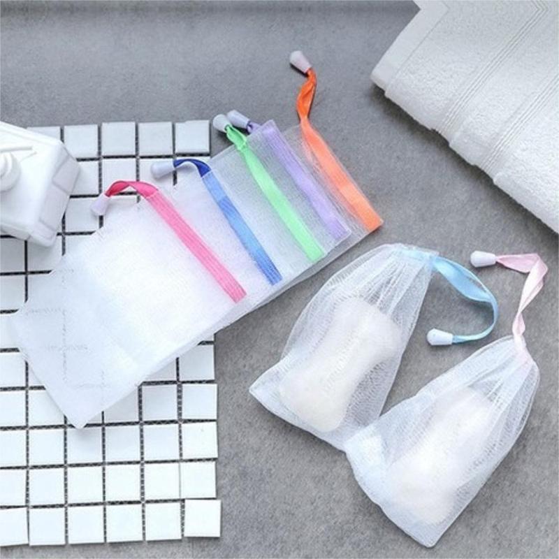 5pcs Square Lathering Mesh, Soap Lathering Mesh Bag With Colorful Ribbon, Handmade Soap & Face Wash Foam Making Accessory For Bathroom Shower