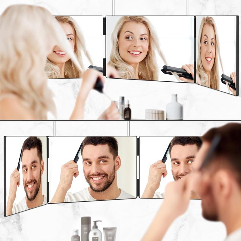 3 Way Mirror for Hair Cutting, Tri-fold Mirror for Shaver and Makeup, Height Adjustable with Two Hold Nails Self Haircut Mirror can as a Gift for Men or Women