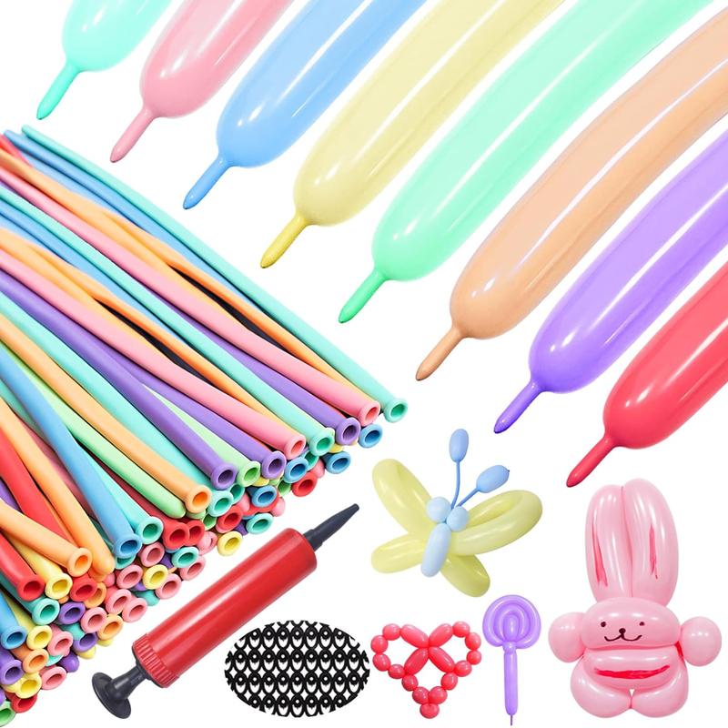 Random Color Balloon Set, Including 100pcs Long Balloon & 192pcs Animal Eye Pattern Sticker & 1 Count Random Color Hand Pump, Twisting Balloon for DIY Balloon Modelling, Party Decor Supplies