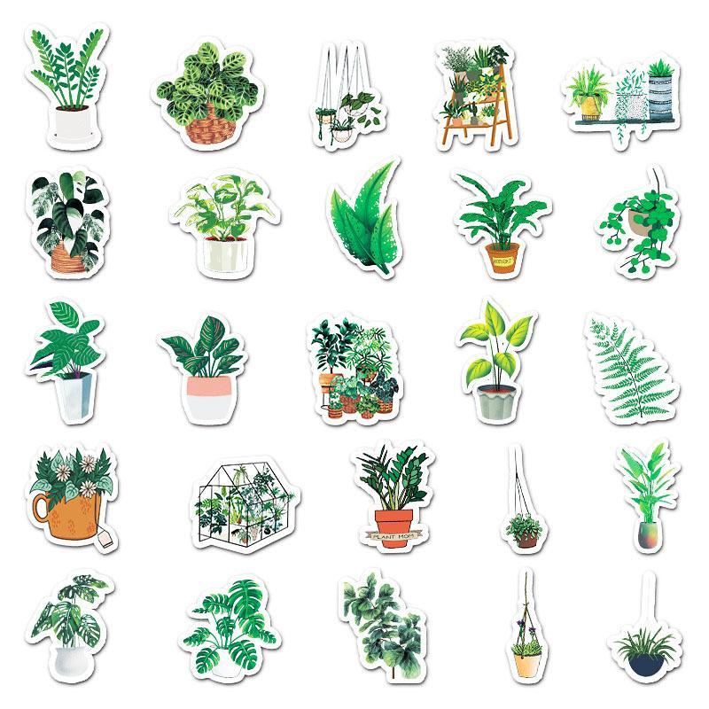 Green Plant Series Graffiti Sticker, 50pcs set Waterproof Decorative Sticker, DIY Creative Decal for Phone Case, Laptop, Notebook, Helmet, Skateboard