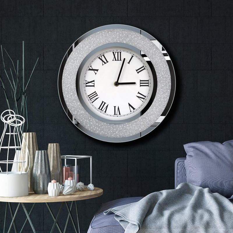 Silver Round Mirror Clock 12 inch. Glam Sparkle Twinkle Shining Mirrored Wall Clock for Wall Decoration