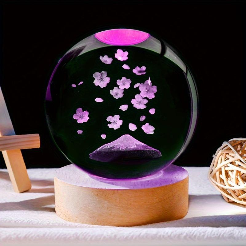 Cherry Blossom Pattern Crystal Ball, 1 Count USB Powered Desktop Decoration, Modern 3D Carved Crystal Ball with Base, Home Decor Ornament