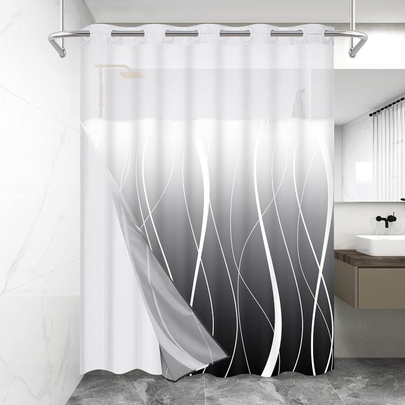 No Hook Shower Curtain with Snap in Liner, Modern Striped Hotel Shower Curtain and Liner Set, Ombre See Through Shower Curtain with Window, Double Layer, Washable