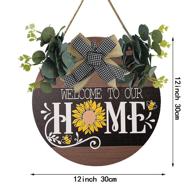 Round Wooden Sign, 1 Count Welcome to Our Home Wooden Front Door Sign, Letter & Sunflower Pattern Wall Hanger, Rustic Round Wreath Wall Decor, Spring Farmhouse Decoration