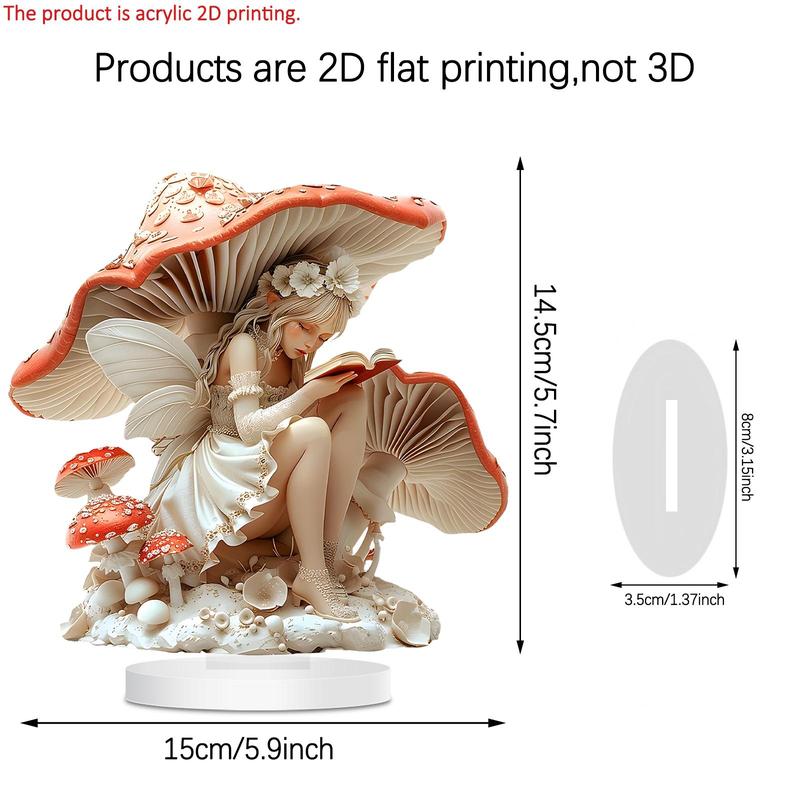 Fairy Reading Under Mushroom Design Desktop Decoration, 1 Count 2D High Definition Printing Art Plaque, Home Decor for Living Room, Bedroom, Office