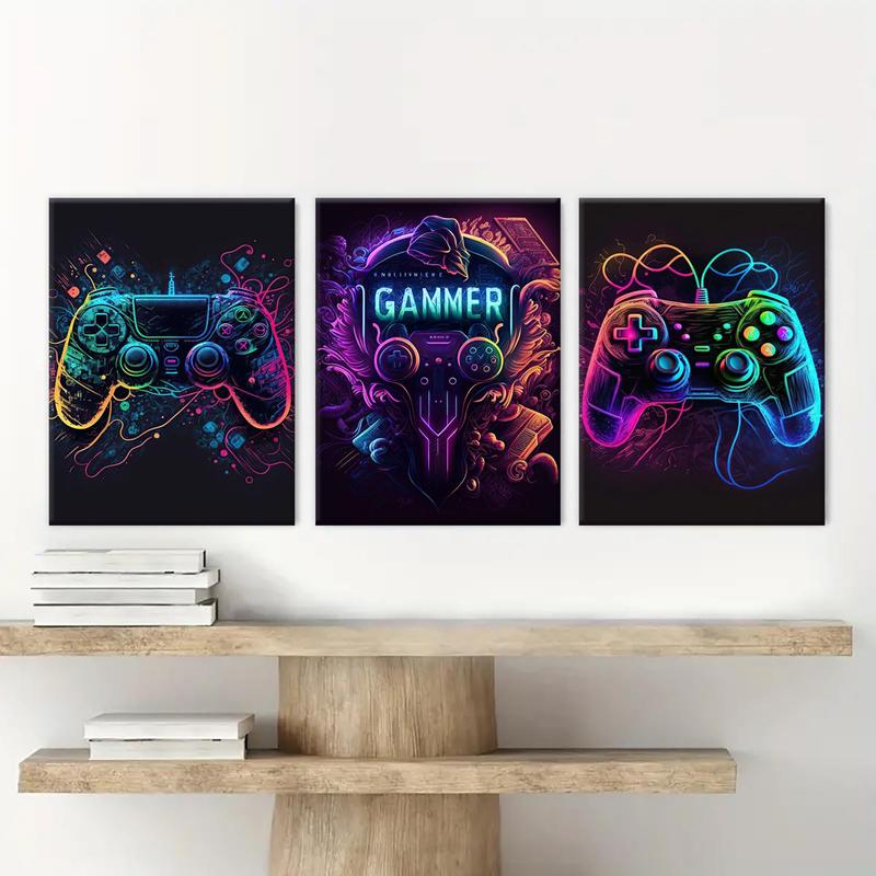 Game Console Neon Pattern Canvas Painting with Frame, 3 Counts set Creative Wall Art Poster, Wall Art Decor for Home Living Room Bedroom Office