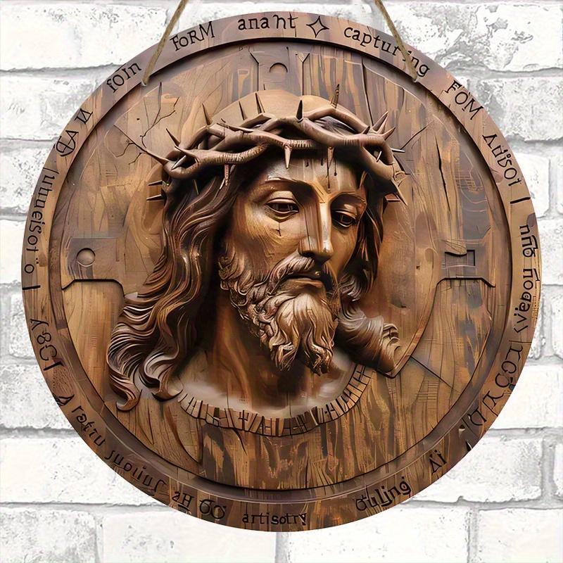 Vintage Wooden Hanging Sign,1 Count Round Jesus Sign, Wall Hanging Decor for Home Front Door Dormitory Dining Room