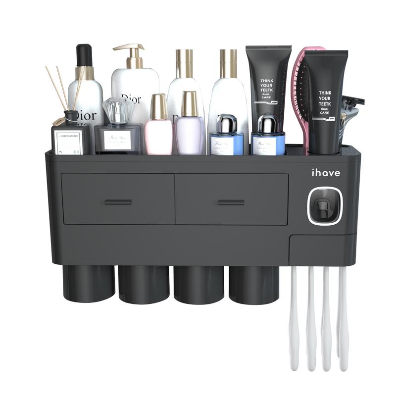 iHave Toothbrush Holders for Bathrooms, 4 Cups Toothbrush Holder Wall Mounted with Toothpaste Dispenser - Large Capacity Tray, 2 Cosmetic Drawer - Bathroom Storage & Bathroom Organizer