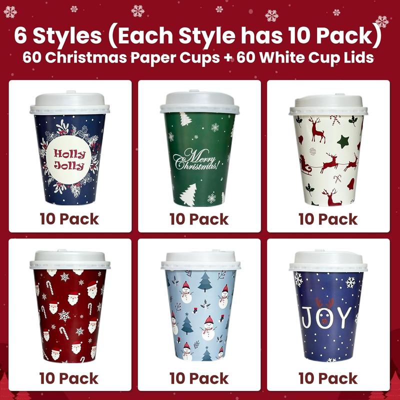 Christmas Disposable Coffee Cups with Lids, 60 Pack 12 Oz To Go Coffee Cups,6 Designs Christmas Coffee Drinking Paper Cups for Hot , Hot Cocoa, Xmas Dinner Party