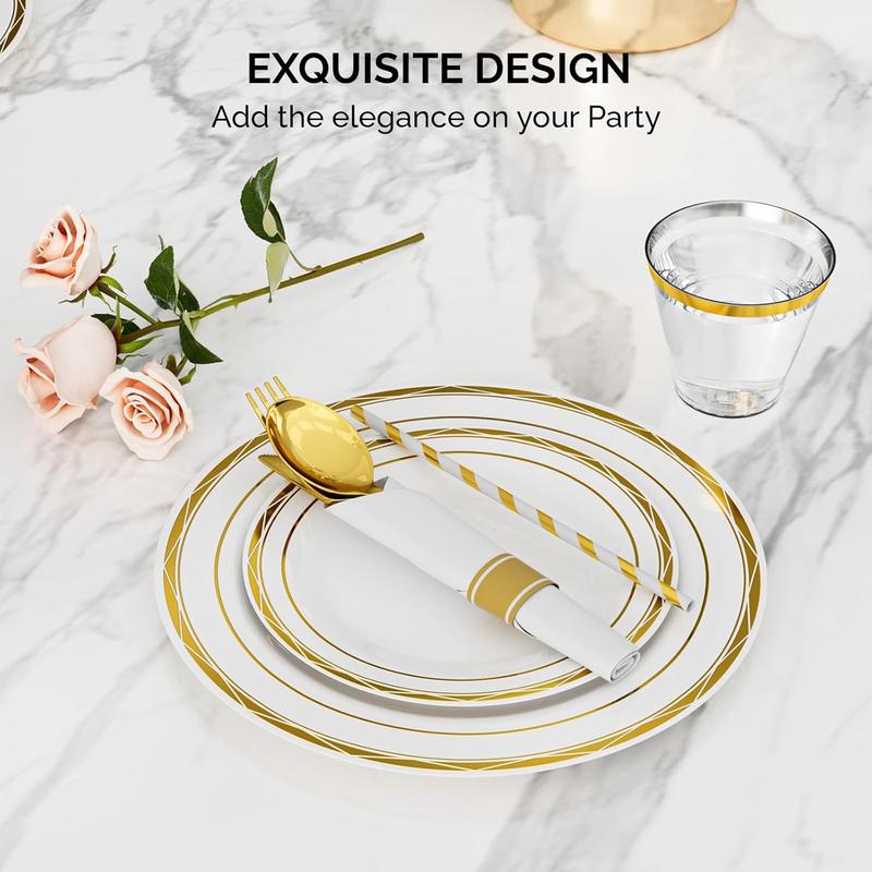 ROVSUN 400 Pieces Gold Disposable Dinnerware Set 50 Guests,Elegant Plastic Plates for Party Wedding, 50 Pre Rolled Napkins with Silverware, 50 Dinner Plates, 50 Dessert Plates, 50 Cups, 50 Straws