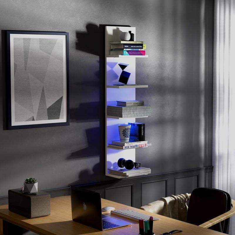 5 Tier Wall Shelf with RGB Light, Modern Wall Mount Lack Shelf, Vertical Column Shelf Floating Storage Home Decor Organizer Tall Tower Design Utility Shelf, White