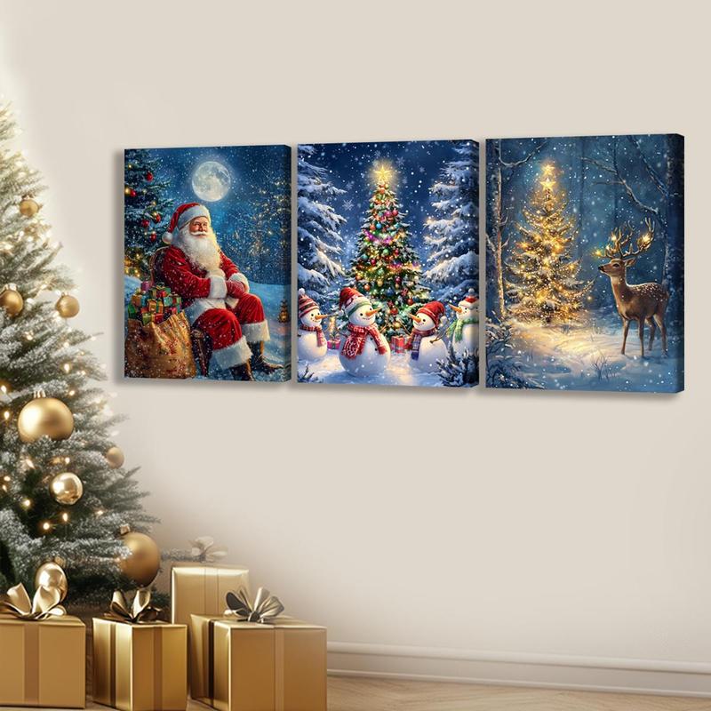 Christmas Themed Wooden Framed Canvas, 3 Counts set Smiling Santa Claus & Snowman & Deer Pattern Wall Art, Wall Decor for Home Living Room Bedroom Office