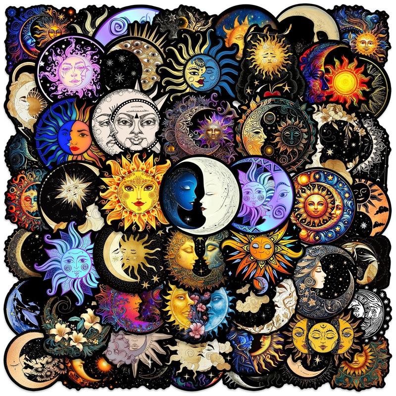 Moon & Sun Series Graffiti Sticker, 50pcs set Waterproof Self Adhesive Decor Paper, Decor Sticker for Gift Greeting Card Water Bottle Laptop Phone